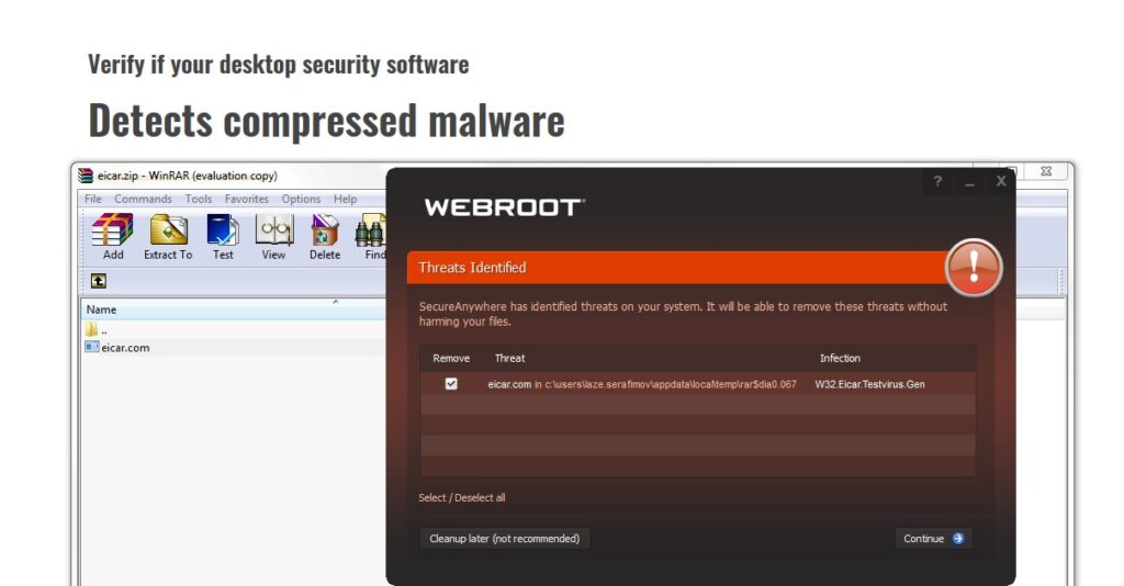 A screenshot on a Windows machine of Webroot antivirus detecting compressed malware from AMTSO