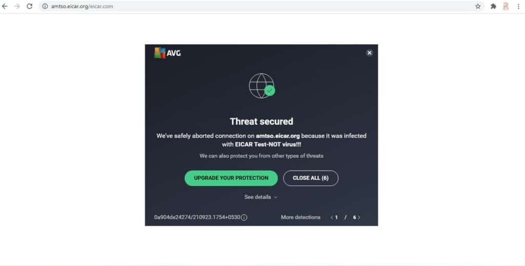 A screenshot of AVG’s software showing a “Threat secured” notification after successfully blocking malware.