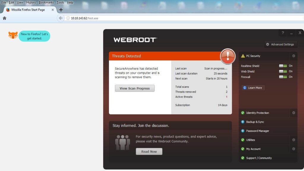 Snímek obrazovky na stroji Windows of Webroot Antivirus detekující vlastní malware testy na Mozilla Firefox