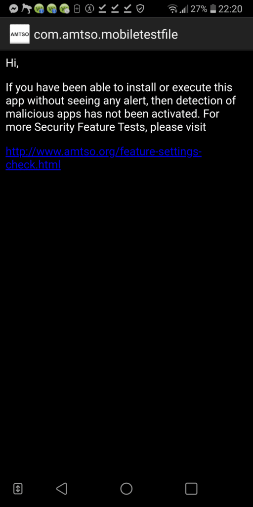 Snímek obrazovky na telefonu Android zobrazující testovací soubor malwaru z AMTSO