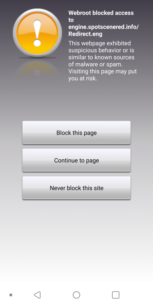 Zrzut ekranu na telefonie z Androidem pokazującym program antywirusowy Webroot ostrzegający użytkownika o podejrzanej stronie internetowej